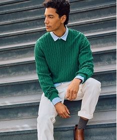 GEMO Pull col rond en coton à torsades homme vert standard