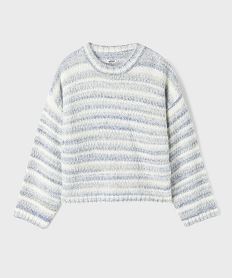 GEMO Pull court et large en maille fantaisie à rayures colorées fille Bleu