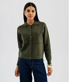 GEMO Cardigan à col polo avec poches poitrine femme kaki standard
