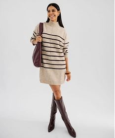 GEMO Robe pull col montant à rayures femme Beige