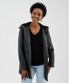GEMO Manteau droit zippé en laine à capuche fourrée femme Gris