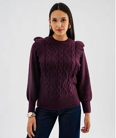 GEMO Pull à torsades et volants femme Violet