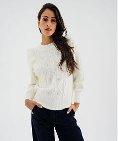 GEMO Pull à torsades et volants femme Beige