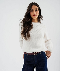 GEMO Pull en maille douce et extensible à plastron ajouré femme Blanc