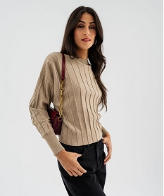 GEMO Pull fin loose à rayures texturées et maille pailletée femme Beige