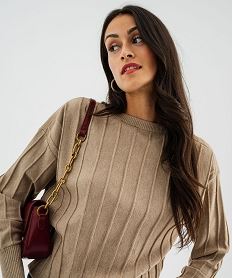 pull fin loose a rayures texturees et maille pailletee femme beige pullsJ087201_2
