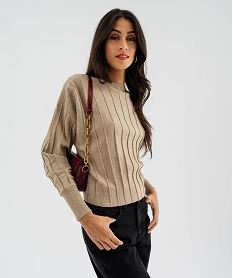 pull fin loose a rayures texturees et maille pailletee femme beige pullsJ087201_4
