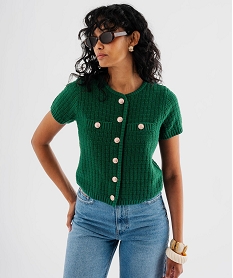 pull manches courtes en maille texturee a boutons femme[missing] vert standard giletsJ092701_2