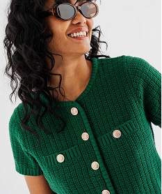 pull manches courtes en maille texturee a boutons femme[missing] vert standard giletsJ092701_3