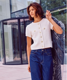 GEMO Pull manches courtes en maille texturée à boutons femme Beige