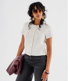 pull manches courtes en maille texturee a boutons femme[missing] beige giletsJ092901_2