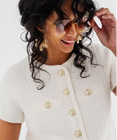 pull manches courtes en maille texturee a boutons femme[missing] beige giletsJ092901_3