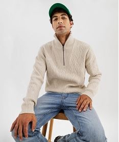 GEMO Pull en maille fantaisie avec col zippé homme Beige