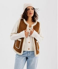 GEMO Veste sans manches en suédine et doublure sherpa femme Brun