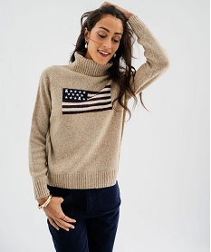 GEMO Pull à col roulé et motif drapeau US avec de la laine femme - LuluCastagnette Beige