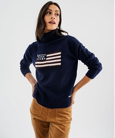 pull a col roule et motif drapeau us avec de la laine femme - lulucastagnette bleu pullsJ117701_4