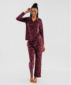 GEMO Pyjama en velours ras extensible à motif fleuri femme Violet