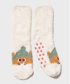 GEMO Chaussettes d’intérieur en maille bouclette motif chat fille blanc standard