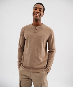 GEMO Tee-shirt manches longues en coton piqué avec col tunisien homme Beige