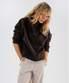 GEMO Sweat oversize en maille bouclette avec col montant femme marron fonce