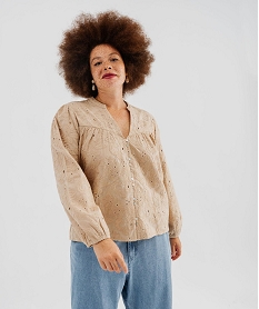 GEMO Blouse manches longues à broderies fleuries femme grande taille Beige