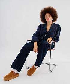 GEMO Blouse manches longues à broderies fleuries femme grande taille Bleu