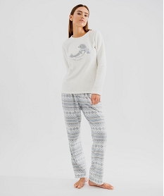 GEMO Pyjama chaud en polaire et sherpa imprimé femme blanc standard