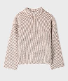 GEMO Pull loose en maille côtelée bicolore col cheminée fille Brun