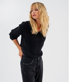 GEMO Pull en maille douillette avec double encolure V femme noir standard