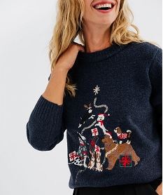 pull de noel avec motifs chiens brodes femme bleu pullsJ301101_2