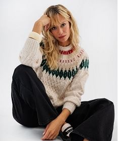 GEMO Pull jacquard à torsades femme Beige