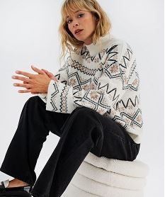 GEMO Pull jacquard à col montant coupe loose femme Beige