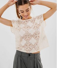 tee-shirt sans manches en dentelle ajouree coupe loose femme beige t-shirts manches courtesJ941201_2