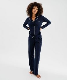 GEMO Pyjama deux pièces en coton femme : chemise et pantalon Bleu