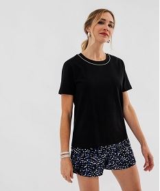 GEMO Tee-shirt manches courtes en coton avec décolleté strass femme noir standard