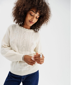 GEMO Pull en maille ajourée avec strass sur le col femme Beige