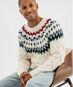 GEMO Pull jacquard en grosse maille douillette fantaisie homme Beige