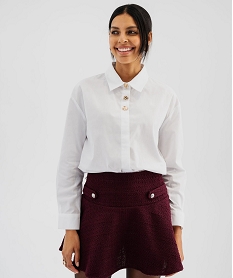 GEMO Chemise manches longues droite en coton à boutons dorés fantaisie femme blanc vif
