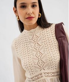 pull effet 2-en-1 a manches chemise femme beige pullsJ994001_2