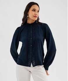 GEMO Chemise manches longues en maille texturée et dentelle femme Bleu