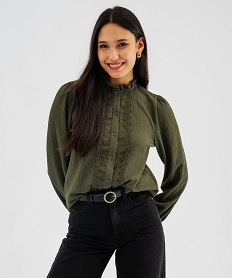 GEMO Chemise manches longues en maille texturée et dentelle femme Vert