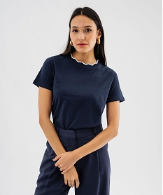 GEMO Tee-shirt manches courtes à col fantaisie femme Bleu