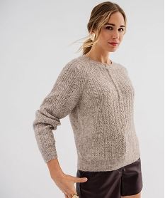 GEMO Pull à col rond boutonné en maille fantaisie femme Brun