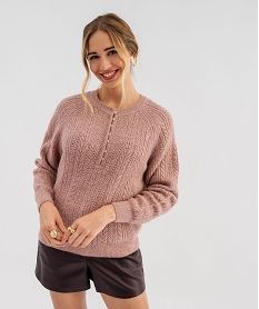 GEMO Pull à col rond boutonné en maille fantaisie femme Rose