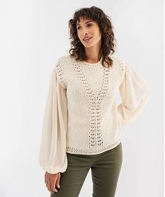 GEMO Pull en  maille ajourée à manches blousantes en voile femme blanc standard
