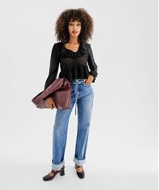 GEMO Chemise en voile à motifs plumetis coupe courte femme noir standard