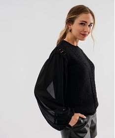 GEMO Pull en maille ajourée avec manches en voile femme noir standard