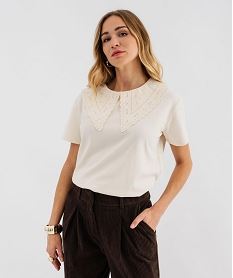 GEMO Tee-shirt manches courtes avec grand col brodé femme Beige