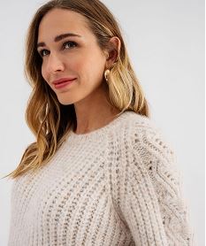 GEMO Pull en grosse maille avec torsades sur les manches femme Beige