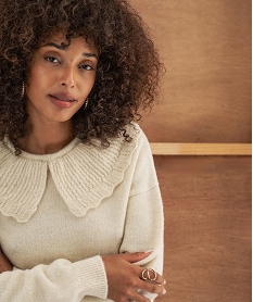 GEMO Pull à grand col fantaisie ajouré femme Beige